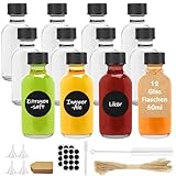 Furuising 12st 60ml Shot Flaschen zum Befüllen, Mini Shot Glasflaschen, Kleine Ingwer Shot Flaschen, Wiederverwendbar Fläschchen zum Befüllen mit Stift, Anhänger, Trichter für Ingwer, Likör, Whisky