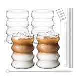 Neegaurd 4 Stück Gerippte Trinkgläser Set, 300ml Eiskaffee Gläser mit Strohhalm, Cocktailgläser Wellenförmige Wassergläser Getränkegläser Saftgläser aus Glas für Wasser Trink Saft