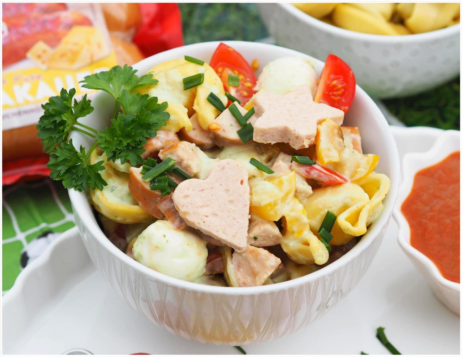 Tortellini-Wurstsalat, köstliche Dips & schnelle Grillspieße