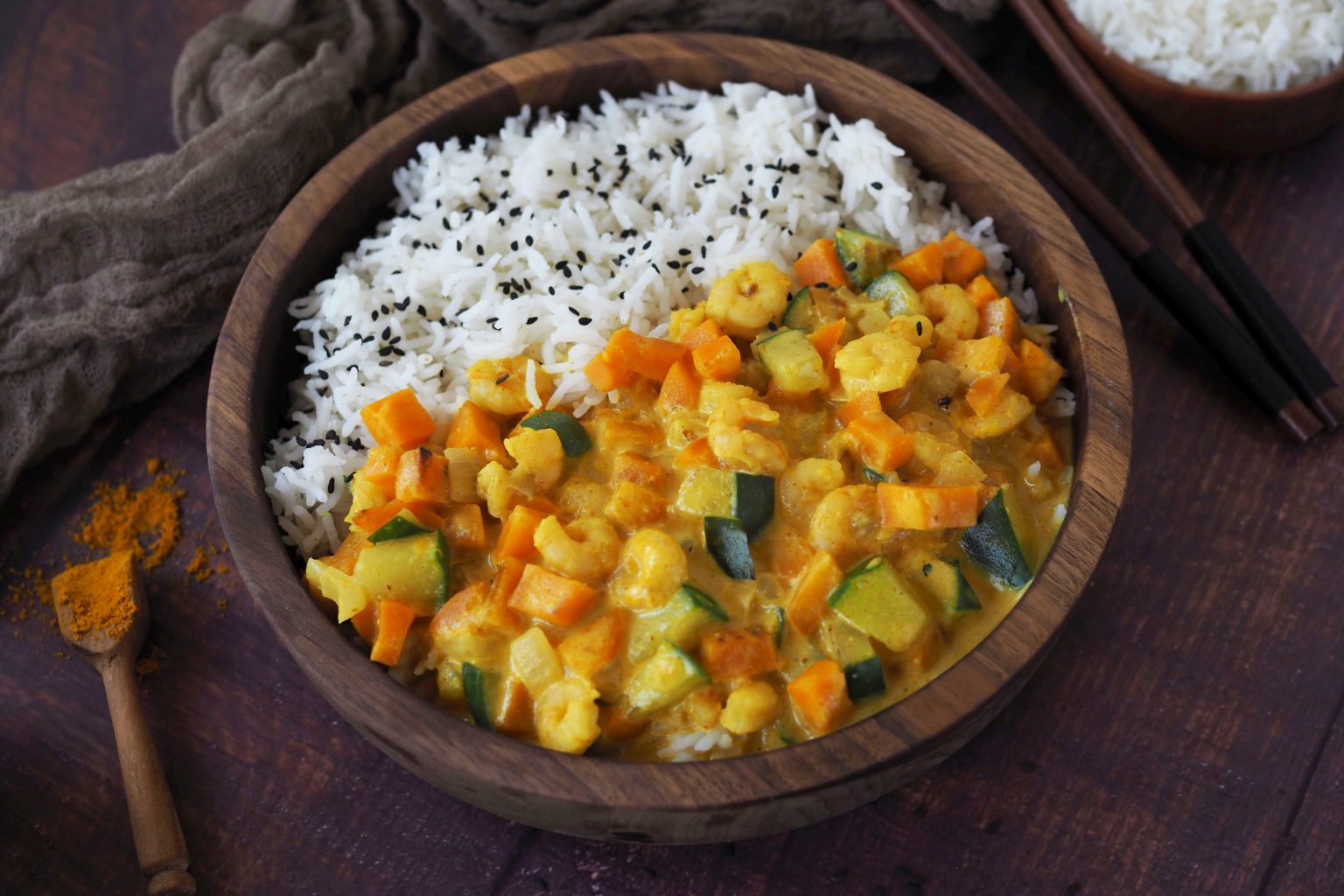 Süßkartoffel-Gemüse-Curry mit Garnelen - Wiewowasistgut