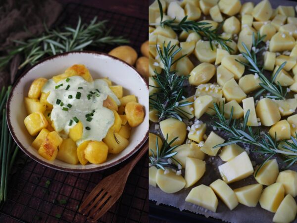 Ofenkartoffeln mit Joghurt-Feta-Knoblauch-Dip - Wiewowasistgut